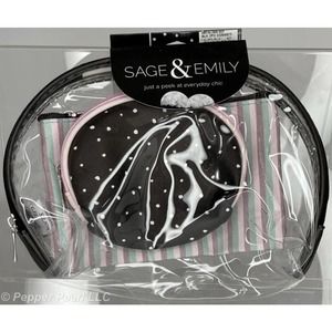 Cosmetic Bag Set New 3 Pieces Sage & Emily Clear 10 inch Pouch Stripe Polka Dot